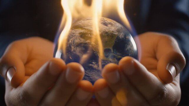 Close-up of hands cradling a globe engulfed in flames against a dark background with warm, ominous tones.