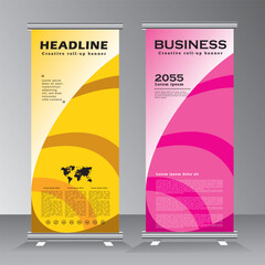 Business roll up banner template design for your event, vertical bannar, modern x-banner with yellow and pink, Bussiness standees banner advertising. roll up vector template,