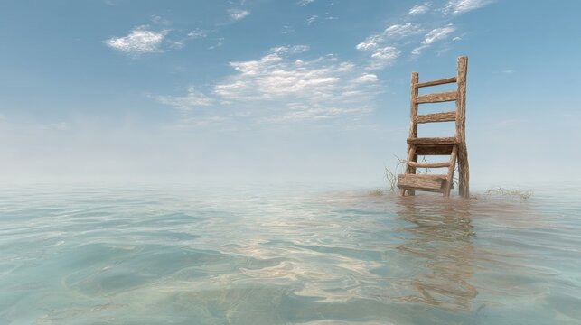 Chair in the water symbolizing calm checkpoint ladder concept for phased planning and relaxation in progression