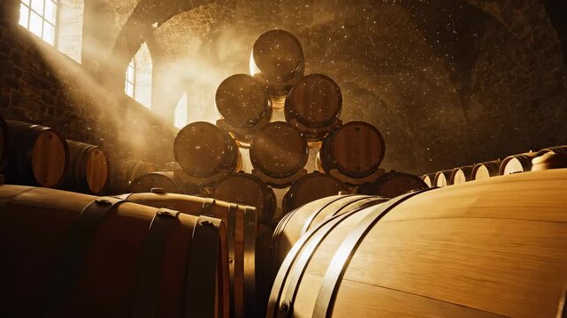 Beautiful golden hour sunlight streaming dramatically through cellar windows illuminating dust motes floating above stacked polished brown wooden wine barrels oak, cask, wooden