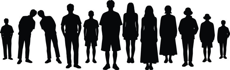 Diverse group of people silhouettes standing together representing generations, family, society, community, inclusion, lifestyle, unity, anonymity, modern population illustration concept