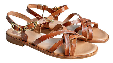 Brown leather flat sandals with ankle straps comfortable casual summer footwear detailed studio photography isolated on white background