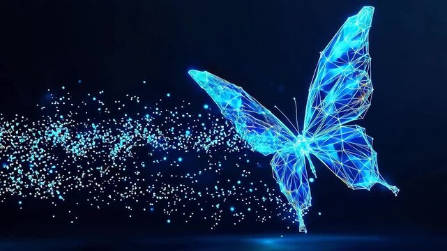 Digital butterfly composed of blue light particles and geometric lines against a dark background
