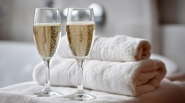 Champagne glasses on folded towels