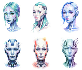 Watercolor humanoid robot heads transparent background
