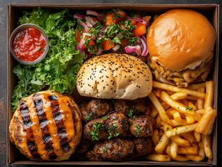 Premium street food combo box featuring gourmet burgers, buns, vegetables and fries. Upscale fast-food delivery. For takeaway branding, catering menus and modern restaurant marketing visuals.