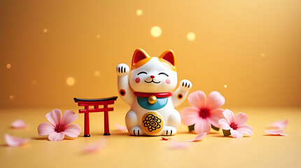 Lucky cat figurine with cherry blossoms