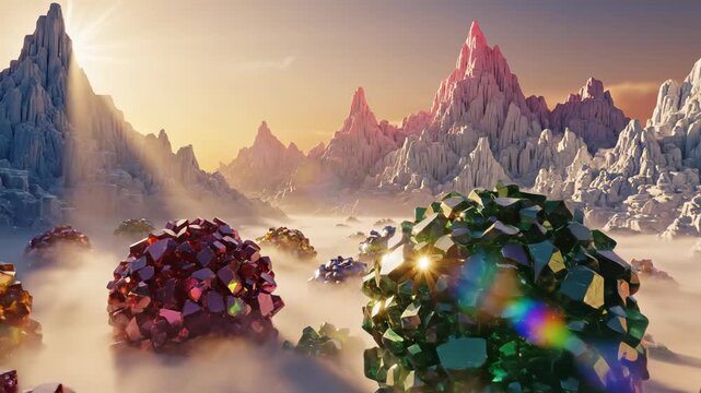 Beautiful shafts of warm golden hour sunlight pierce through the mist illuminating frosting mountains and crystallized gumdrop boulders in a sweet fantasy landscape rock, warm, hour