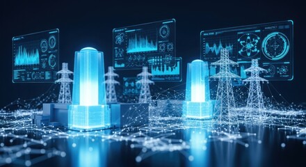 A futuristic, digital representation of a power grid with glowing, transparent structures and data visualization screens.