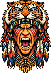 Obraz premium Fierce Tribal Warrior Wearing Tiger Headdress Vector Illustration