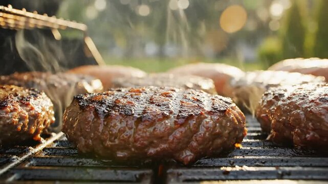 Close up of juicy ground beef burger patties grilling over hot charcoal on barbecue grill producing steam outdoors