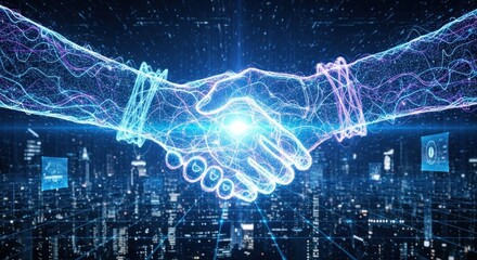 Two hands shaking in a futuristic cityscape with glowing blue and purple lines and lights.