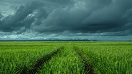 Stormy Skies Loom Over Lush Green Rice Paddy Field with Mountain Horizon.