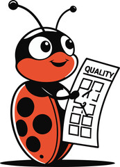 A ladybug as a garden quality controller holding a checklist, small rounded pose, flat vector art, clean edges, limited color palette, thick black outline, no texture, no lighting, isolated on white 1