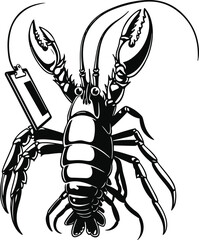 A lobster as a seafood kitchen supervisor holding a clipboard, upright simplified pose, flat vector art, minimal detail, solid colors only, thick black outline, no lighting, no texture, white backgrou