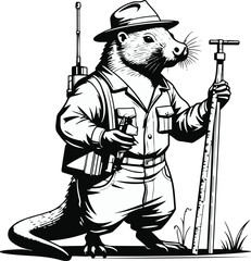 A platypus as a science field surveyor holding measurement tools, side pose, flat vector illustration, clean shape separation, limited colors, bold black outline, no gradient, no shadow, sticker style