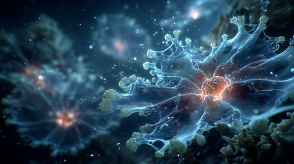 Obraz premium Bioluminescent coral formations emitting cyan and green light underwater images​