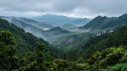 Misty Mountain Range with Lush Green Forests and Rolling Hills Under Cloudy Sky.