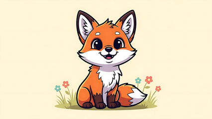 Obraz premium Cute cartoon fox sitting in a field of flowers