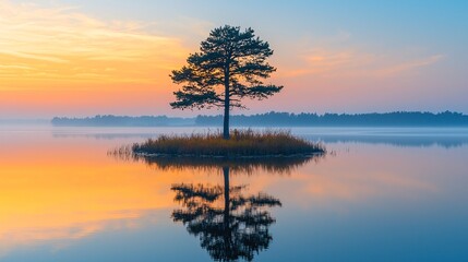 Reflection of a solitary tree in the sunrise lake