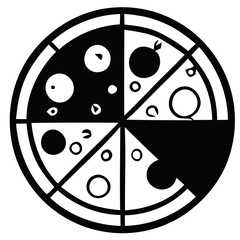 A black and white illustration of a pizza divided into six slices with various toppings
