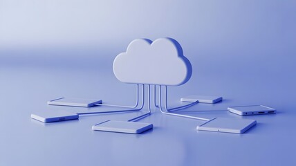 A 3D render of a cloud icon connecting to multiple data nodes, symbolizing cloud computing and network infrastructure.