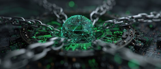 Global Digital Security Network Secured by Digital Chains and Circuitry, Futuristic Cyber Security Concept.