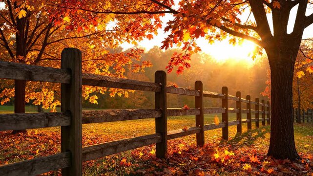 Beautiful static wide shot capturing the vibrant warm glow of the golden hour illuminating a rustic wooden boundary fence line surrounded by colorful autumn foliage nature, fall, sunny