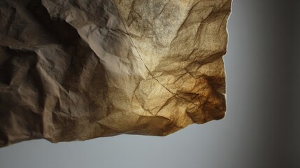 Close up of deeply creased brown kraft paper with textured wrinkles and earthy tones, revealing a tactile surface.