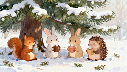 Cute squirrel, two bunnies and hedgehog sit under snowy fir tree holding steaming mugs of cocoa in quiet winter forest clearing, cozy friendship and childhood storybook atmosphere