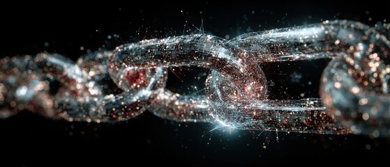 Futuristic Digital Blockchain Chain of Glowing Data Particles on Black Background - Abstract Global Network & Technology Concept.