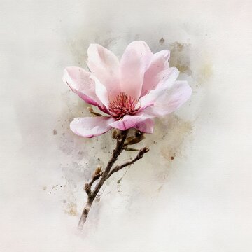 Elegant Pink Magnolia Blossom Watercolor Painting on Textured Paper Background
