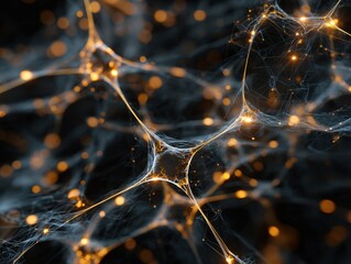 Abstract Neural Network with Glowing Golden Connections on Dark Background � Concept of AI, Data, and Futuristic Technology.