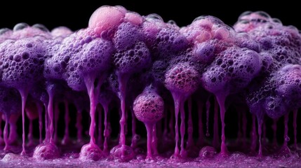 Vibrant purple slime gel with pink bubbles and dripping strands, showcasing a mesmerizing abstract texture