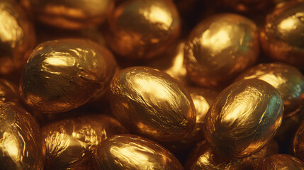Chocolate Easter eggs wrapped in golden foil spinning and falling, shimmering reflections, cinematic slow motion, ultra-detailed macro texture, luxury holiday