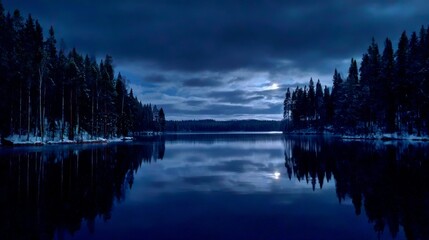 Fototapeta premium A serene nighttime landscape shows a still, dark lake reflecting the moonlit sky and surrounding evergreen forest