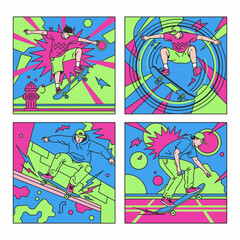 Obraz premium 90s Retro Skateboarder Freestyle Vector Trick Set