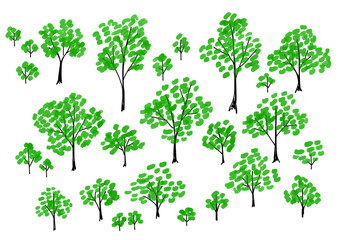Hand drawn watercolor green tree illustration set　手書きの木と森のイラストセット