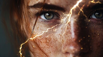 Close-up freckled young woman with green eyes and damp hair, lightning cracks across the face in the foreground, dark blurred background with golden sparks, concept of electric inner strength