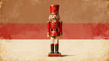 Vintage wooden nutcracker soldier toy in worn red uniform standing on textured beige and red striped background, concept of nostalgic european christmas tradition