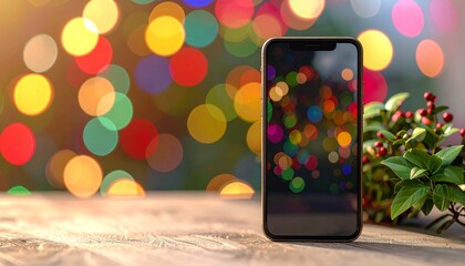 Festive smartphone display with bokeh lights and holiday decorations.