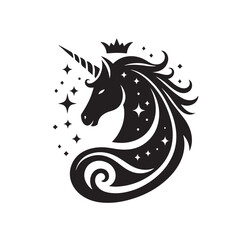 Fototapeta premium Unicorn silhouette logo with stars and magical design