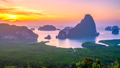 Tropical Island Landscape at Sunset with Islands.
