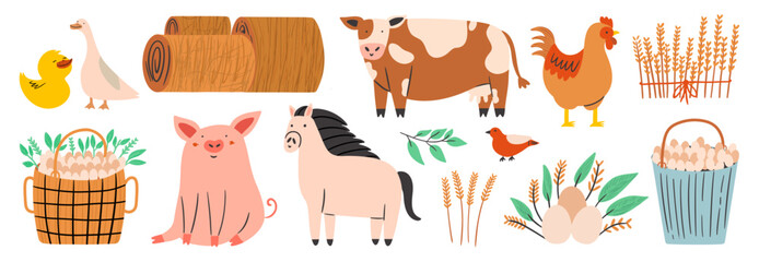 Farm set with different cute  animals and birds. Funny cow and pig, horse and chicken. Contemporary elements with hay bales and fresh eggs in basket. Collection for cards, posters in hand drawn style.