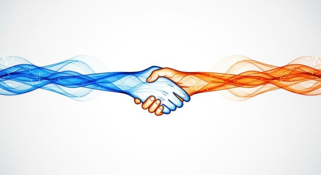 Two hands shaking over a blue and orange wave pattern on a white background.
