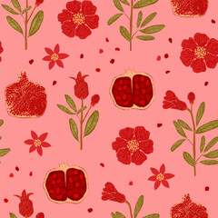 Seamless pink and red pattern. Blooming pomegranate.
