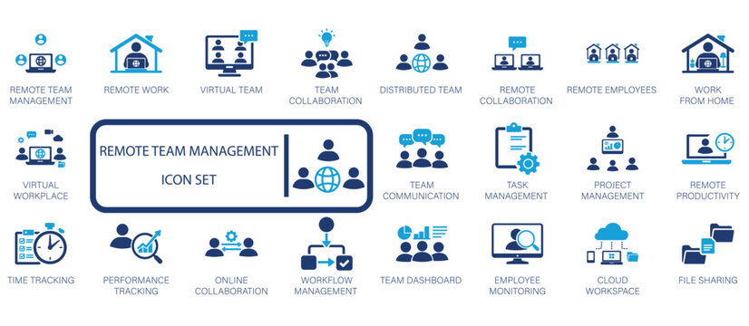 Remote team management icon set featuring virtual collaboration, distributed workforce, home office work, project tracking, employee monitoring, and cloud workplace symbols.