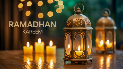 Ornate lanterns with candles in front of a blurred background during Ramadan celebration