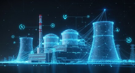 A futuristic, digital representation of a nuclear power plant with glowing, wireframe outlines and various icons representing energy, technology, and connectivity.