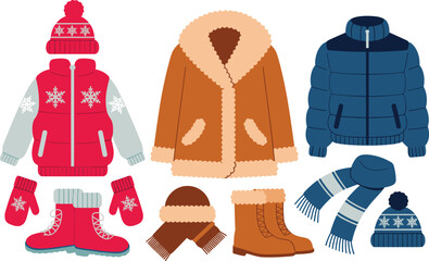 Winter Clothing and Accessories Set in Red Brown and Blue
